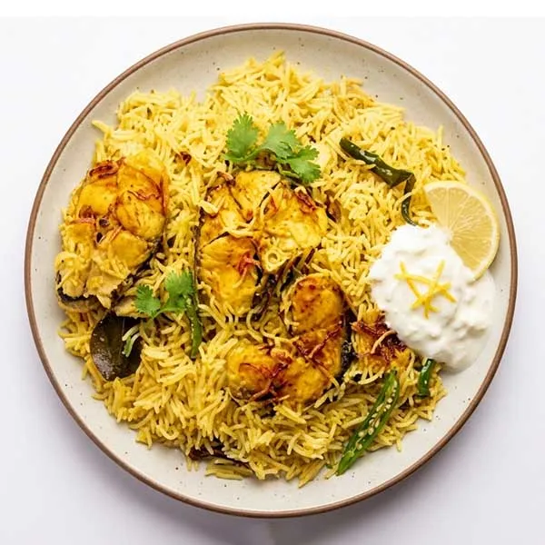 Dhakai-Style Macher Pulao with Lemon Yogurt